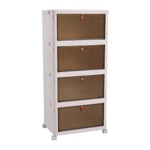 4 Tiers White Thicken Stackable Foldable Plastic Closet Shoe Storage Box with Wheels