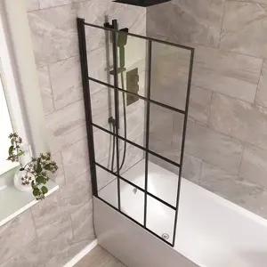 Nes Home Oaken 800mm Square Bath Screen Black Profile With Grid Glass Reversible