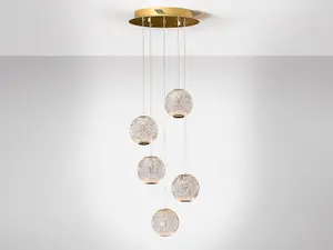 Luminosa Austral Modern Cluster Drop 5 Light LED Pendant Light, Spherical Carved Crystal Globes, 1264lm, 3200K