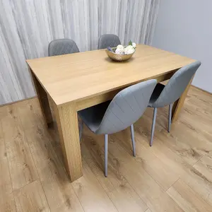 Dining Set of 4 Oak Effect Dining Table and 4 Cream Gem Patterned Stitiched Chairs