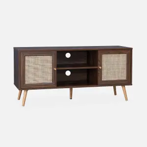 sweeek. 120cm TV stand with wooden and cane effect Boheme Dark wood colour 120x39x56.5 cm