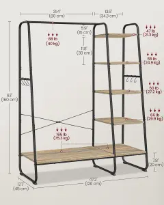 VASAGLE Clothes Rail, Clothes Rack with Shoe Shelf, 5-Tier Storage Rack, 6 Side Hooks, Turquoise Brown and Matte Black