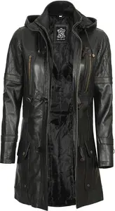 Womens Leather Coat With Hood | Black 3 4 Length Leather Jacket