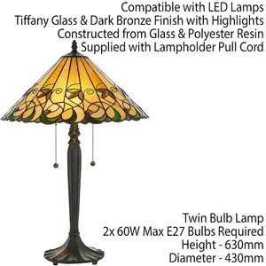 Tiffany Glass Table Lamp Light Dark Bronze & Amber Bead Art Nouveau Shade i00210