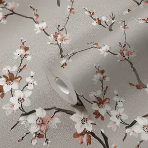 AS Creation Oriental Floral Blossom Tree Branches Wallpaper Vinyl Grey Brown White 38520-4