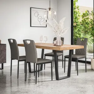 Aria Dining Table And Chairs -  Oak Effect Table Top w Black Legs + Monza Faux Leather Dining Chair Set Of 4 (Grey)