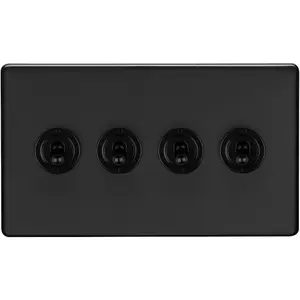 4 Gang Quad Retro Toggle Light Switch SCREWLESS MATT BLACK 10A 2 Way Lever