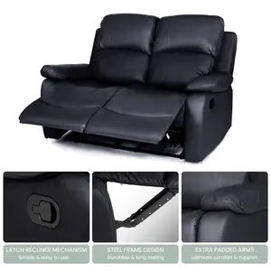 Black Bonded Leather Manual Recliner 3 Seater Sofa