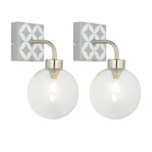 First Choice Lighting Set of 2 Geo Tile Brushed Chrome with Clear Glass Globe IP44 Bathroom Wall Lights