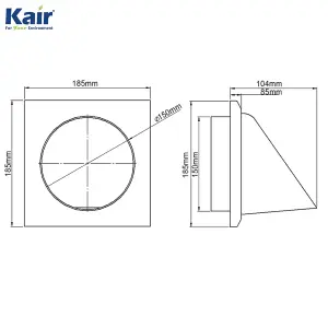 Kair White Cowled Outlet Grille 183mm External Dimension Wall Vent With 150mm - 6 inch Round Rear Spigot and Backdraught Shutter