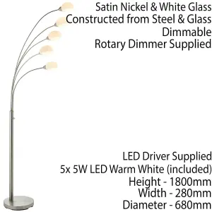 5 Light Floor Lamp Nickel & Glass Tall Standing Curved Multi Arm Living Room