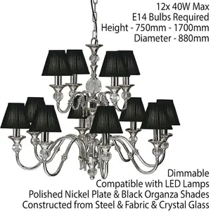 Diana Ceiling Pendant Chandelier Bright Nickel & Black Pleat Shade 12 Lamp Light