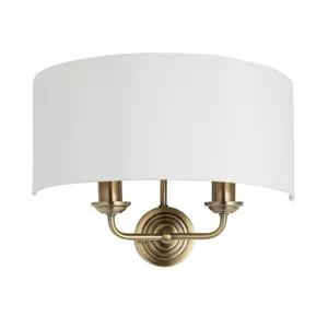 Haywood Antique Brass with Vintage White Faux Silk Shade Classic Modern 2 Light Wall Light