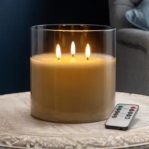 Flameless LED Candle Remote Control 3 Wick Smoked Glass Jar Real Wax Christow