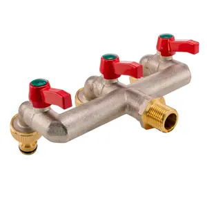 triple outlet garden tap splitter/manifold in nickel plated brass,universal hose connection,1/2" bsp inlet thread