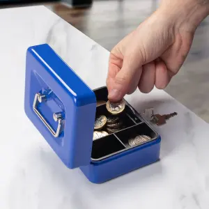 Hardys Metal Cash Box Money Bank Deposit Steel Tin Security Safe Petty Key Lockable - 4" Blue