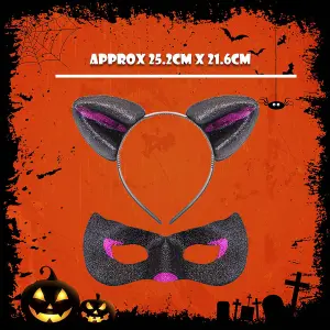 Halloween Cats Ears and Mask Set Halloween Party, Trick or Treat  Black Glitter