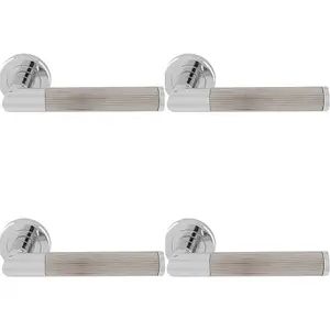 4 PACK - Premium Reeded Lined Door Handle Set - Chrome & Nickel Designer Lever Round Rose