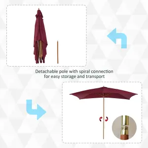 Outsunny Wooden Garden Parasol Sun Shade Patio Umbrella Canopy Wine Red