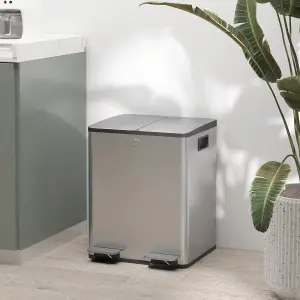 HOMCOM 2 x 20L Dual Kitchen Bin Pedal Bin for Recycling and Waste, Silver