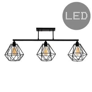 ValueLights Fillatt 3 Way Satin Black Pipework Bar Ceiling Light with Black Basket Cage Shades and LED Bulbs In Warm White