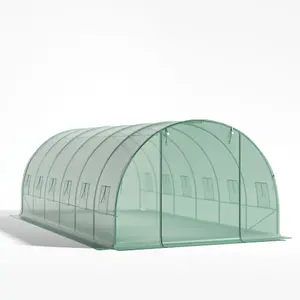 Green Walk In Steel Frame Garden Tunnel Greenhouse with Roll Up Door Windows, 6x3x2M