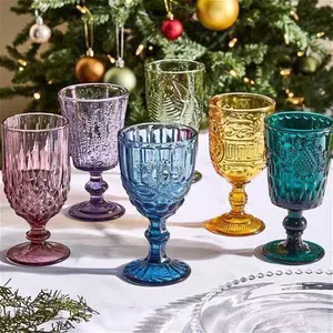 Set Of Four Vintage Embossed Coloured Wine Glasses