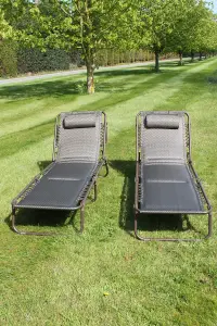 SET OF 2 Luxury Padded Lay Flat Garden Sun Loungers in Brown Tweed Weatherproof Textoline