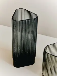 Interiors by Premier Small Ribbed Grey Glass Vase, Modern Decorative Vase, Triangular Shaped Vase with Angular edges, Flower Vase