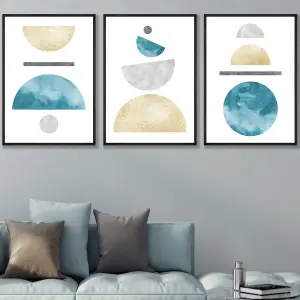 Set of 3 Yellow and Aqua Blue Abstract Mid Century Geometric Wall Art Prints / 50x70cm / Black Frame