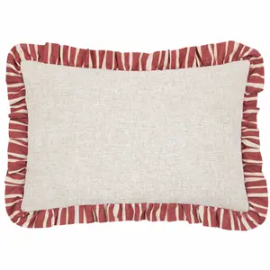 furn. Carmon Stripe Ruffle Linen/Red Polyester Filled Cushion, 40 x 60cm