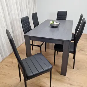 Dining Table and 6 Chairs  Black Dark Grey 6 Black Leather Chairs Wood Dining Set Furniture