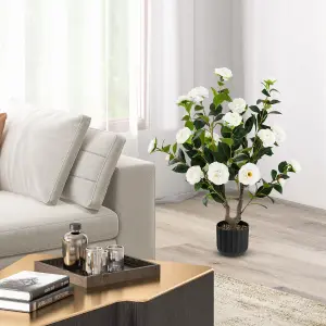 Costway Artificial Camellia Tree Faux Flower Plant Pot Artificial Tree 24 White Flowers