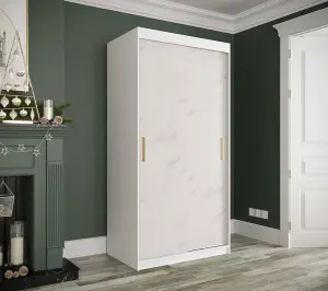 Elegant White Geneva T Sliding Door Wardrobe W1000mm H2000mm D620mm - Modern Design, Gold Handles, Space-Saving