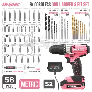 Pink Cordless Drill Driver Set 18V Electric Screwdriver-With Battery-58 Pcs Kit