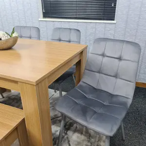 Dining Table and 4 Chairs With Bench Oak Effect Wood 4 Grey Velvet Chairs Dining Room