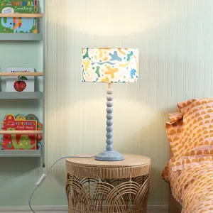 Powder Blue Bobbin Stem Table Lamp with Abstract Shapes Drum Shade for Living Room Bedroom