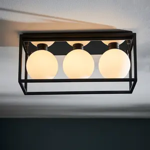 Luminosa Matera Bathroom 3 Light Ceiling Semi Flush Matt Black & Matt Opal Glass IP44