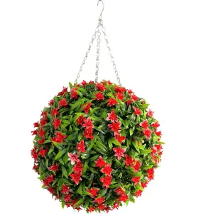 Best Artificial 38cm Red Lily Hanging Basket Flower Topiary Ball - Suitable for Outdoor Use - Weather & Fade Resistant