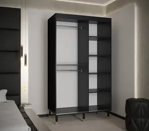 Bergen Contemporary 2 Sliding Door Wardrobe Gold Handles Marble Effect 5 Shelves 2 Rails Black (H)2080mm (W)1200mm (D)620mm