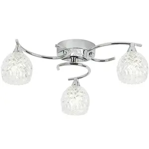 Semi Flush Ceiling Light Chrome Textured Glass 3 Bulb Hanging Pendant Lamp Shade