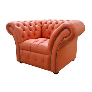 Chesterfield Club Chair Buttoned Seat Flamenco Orange Leather In Balmoral Style