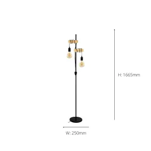 EGLO Townshend 5 Black Metal & Natural Wood 2-Light Floor Lamp - Industrial Style (D) 25cm