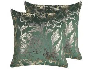 Set of 2 Cushions DAFFODIL Velvet 45 x 45 cm Floral Emerald Green