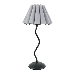 ValueLights Wiggle Black Metal Single Stem Table Lamp with Grey Scallop Tapered Lamp Shade and LED Bulb