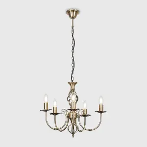 ValueLights Memphis Style Antique Brass Barley Twist 5 Way Ceiling Light Chandelier with 5 x 4w SES E14 LED Warm White Bulb