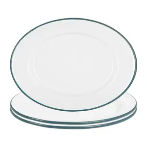 Argon Tableware White Enamel Serving Platters - 30.5cm x 22.5cm - Green - Pack of 3