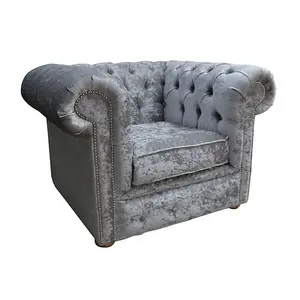 Chesterfield Low Back Club Chair Shimmer Silver Real Velvet Fabric In Classic Style