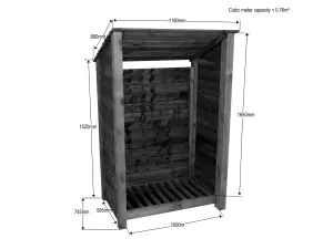 Wooden log store (roof sloping back) W-119cm, H-180cm, D-88cm - brown finish