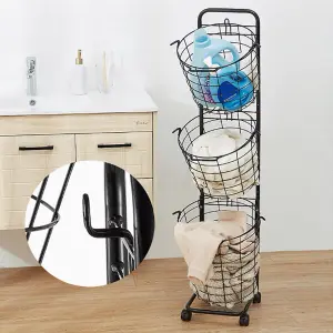 3 Tiers Laundry Basket Hamper Removable Washing Basket Bin Clothes Organizer with Handle on Wheels